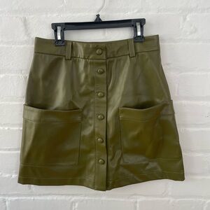 STAUD Olive Green Faux Leather Button-Front Mini Skirt